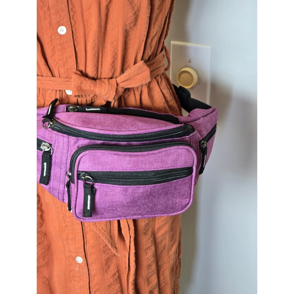 Purple Heathered Multi-Pocket Fanny Pack Adjustable Waist Belt Bag Travel Bag